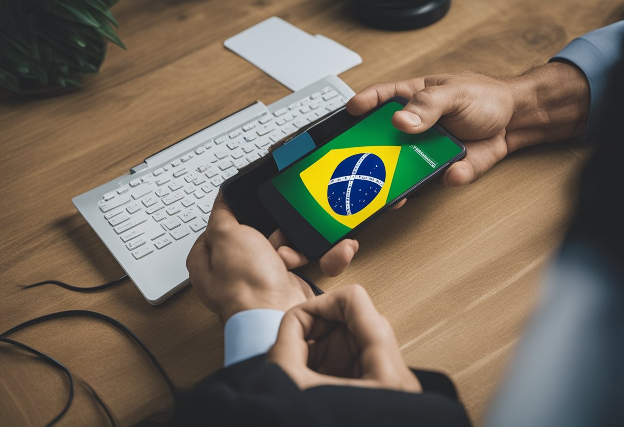 Uma pessoa recebe uma mensagem fraudulenta sobre o programa de auxílio brasileiro, retratando um golpe envolvendo o "Auxílio Brasil."