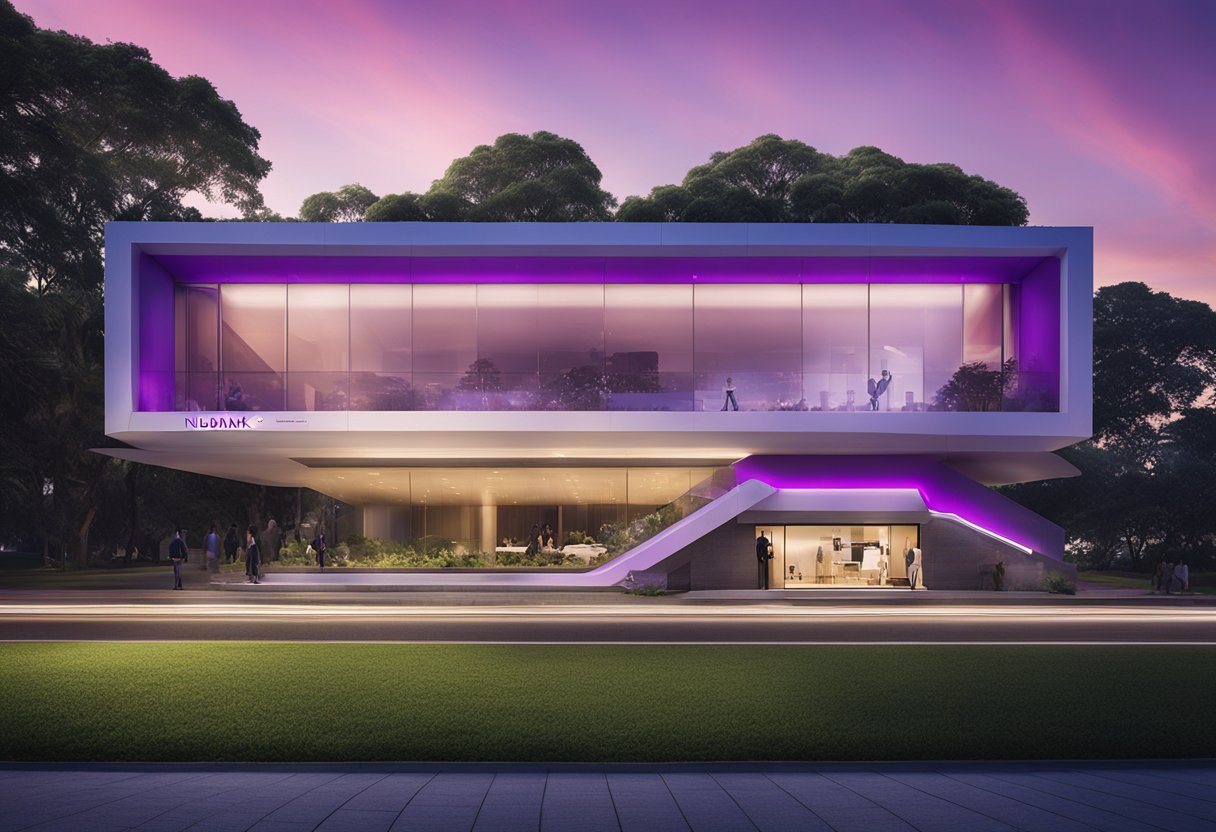 A nova campanha de marketing do Nubank estreia no Ibirapuera, com cores vibrantes e um design moderno e chamativo.