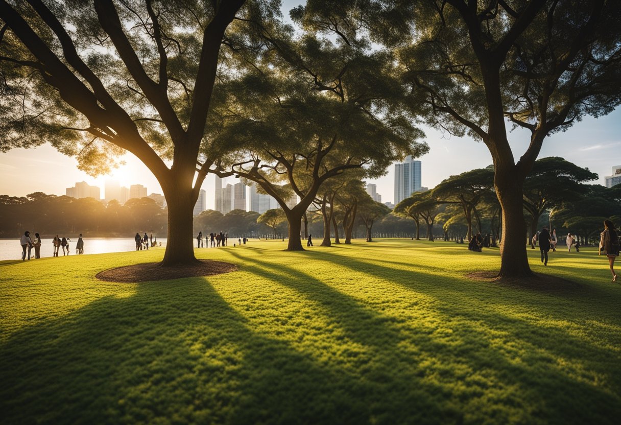 Uma cena vibrante ao ar livre no Parque Ibirapuera com a campanha de marketing do Nubank exibida em destaque