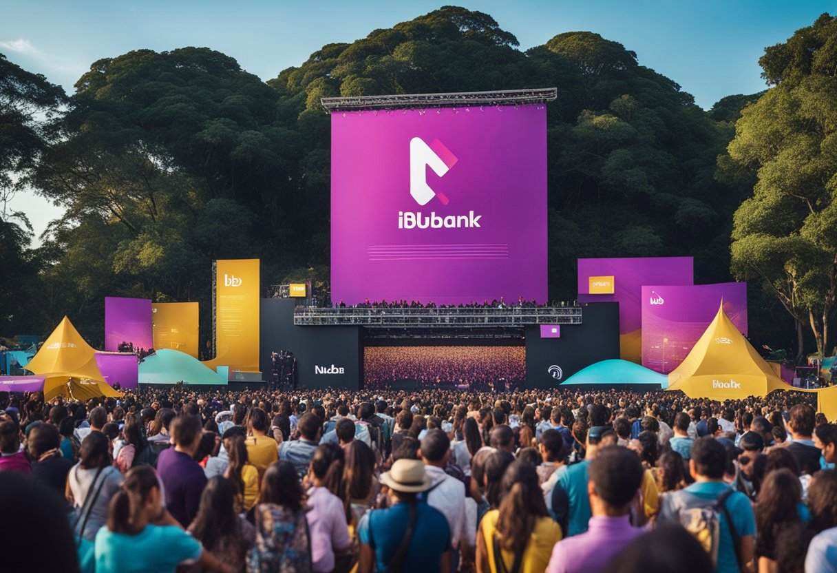 Um lançamento vibrante da campanha de marketing do Nubank no Parque Ibirapuera, com uma grande multidão e banners coloridos.