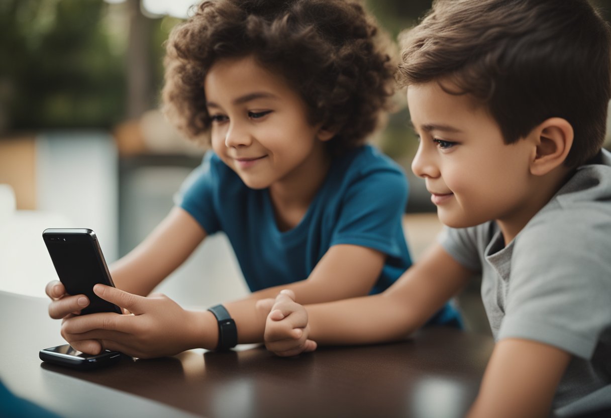 Um pai configurando controles em um smartphone enquanto uma criança observa com curiosidade