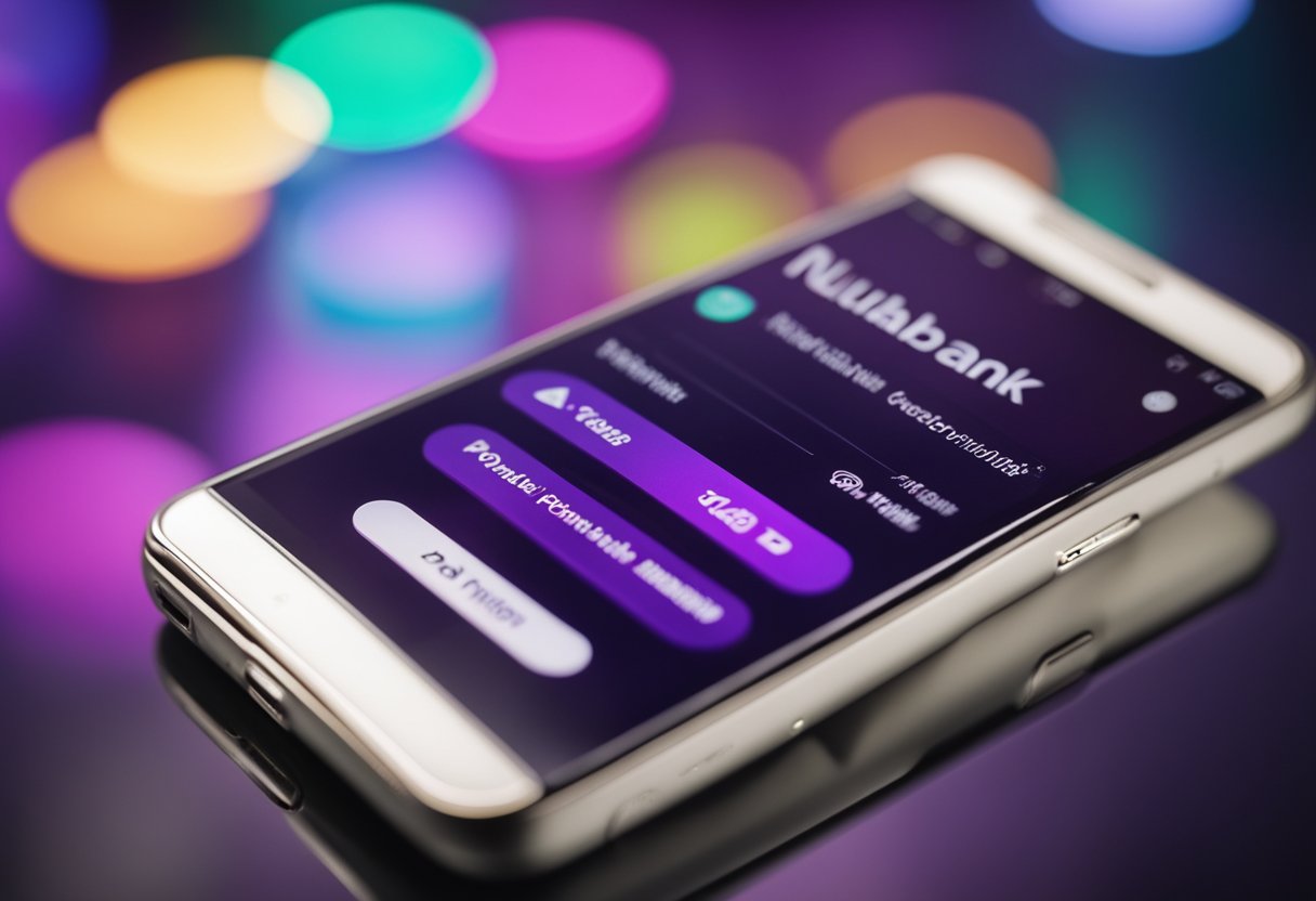 Um smartphone moderno exibindo o aplicativo Nubank com um novo recurso de controle parental destacado na tela.