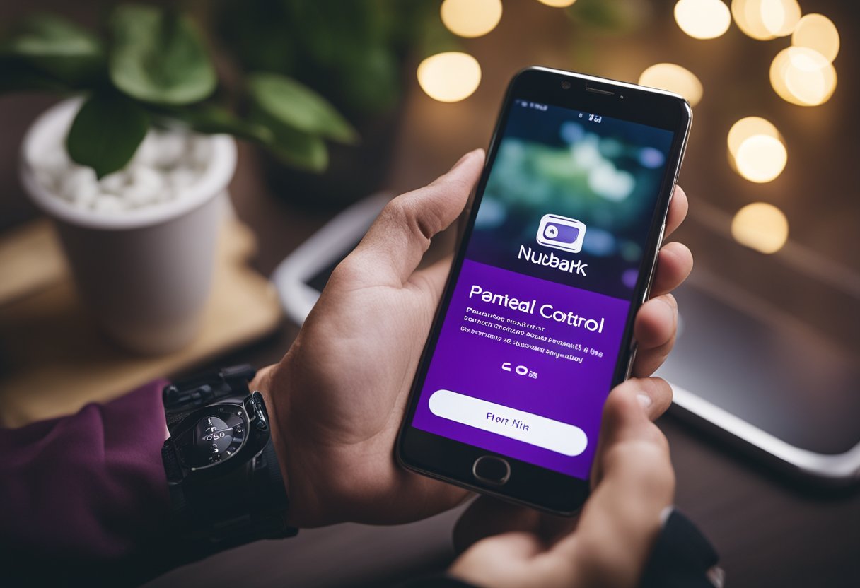Um pai configurando a ferramenta de controle parental do Nubank em um smartphone