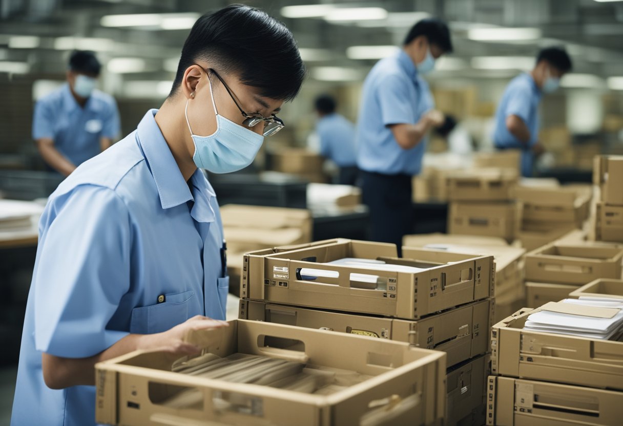 Inspeção aduaneira concluída; oficiais selando caixas e escaneando documentos