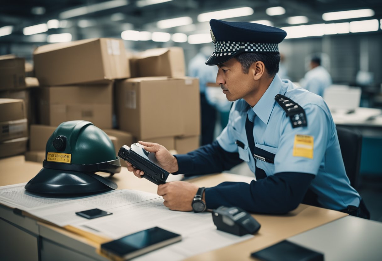 Um oficial de alfândega inspeciona a carga com uma lupa