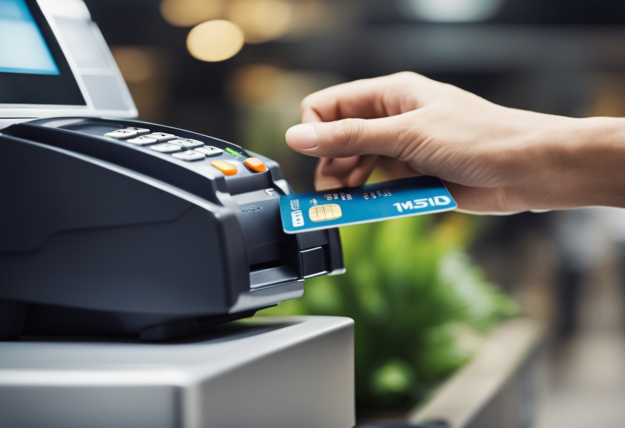 Uma mão passando um cartão de crédito em um terminal de pagamento