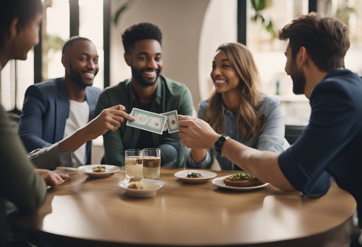 Uma pessoa sentada à mesa, trocando um cartão com outra pessoa. Ambas as partes parecem envolvidas em uma conversa e gesticulando com as mãos.