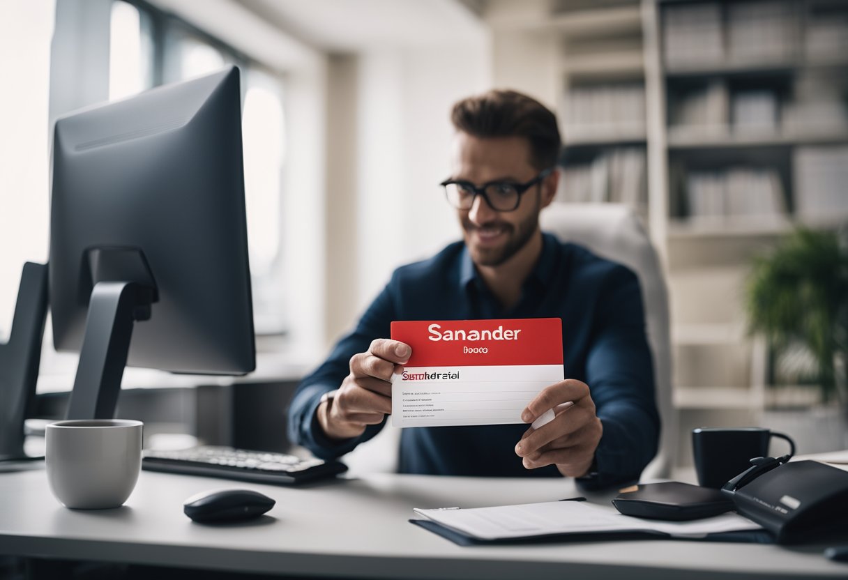 Uma pessoa sentada em uma mesa com um computador, discando um número de telefone enquanto segura um folheto do Santander Fone Fácil.