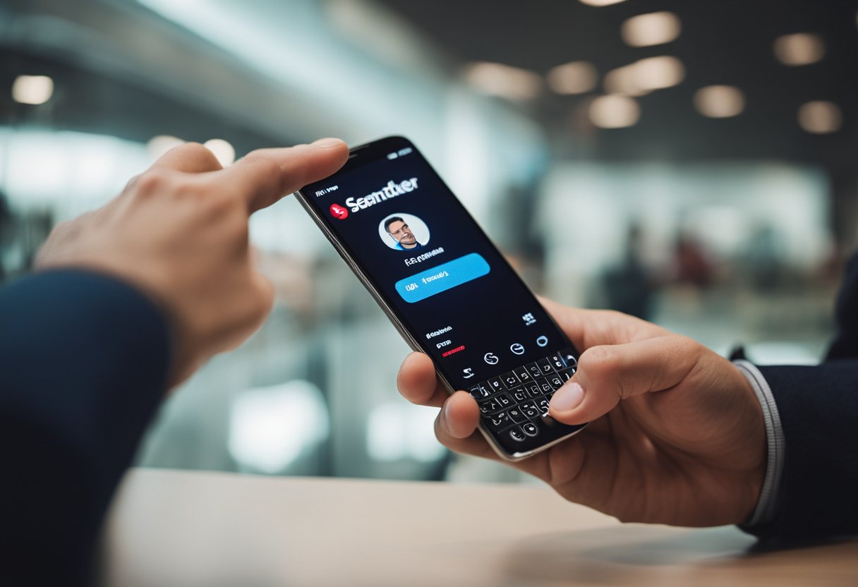Uma pessoa discando um telefone com o logotipo do Fone Fácil Santander exibido na tela.