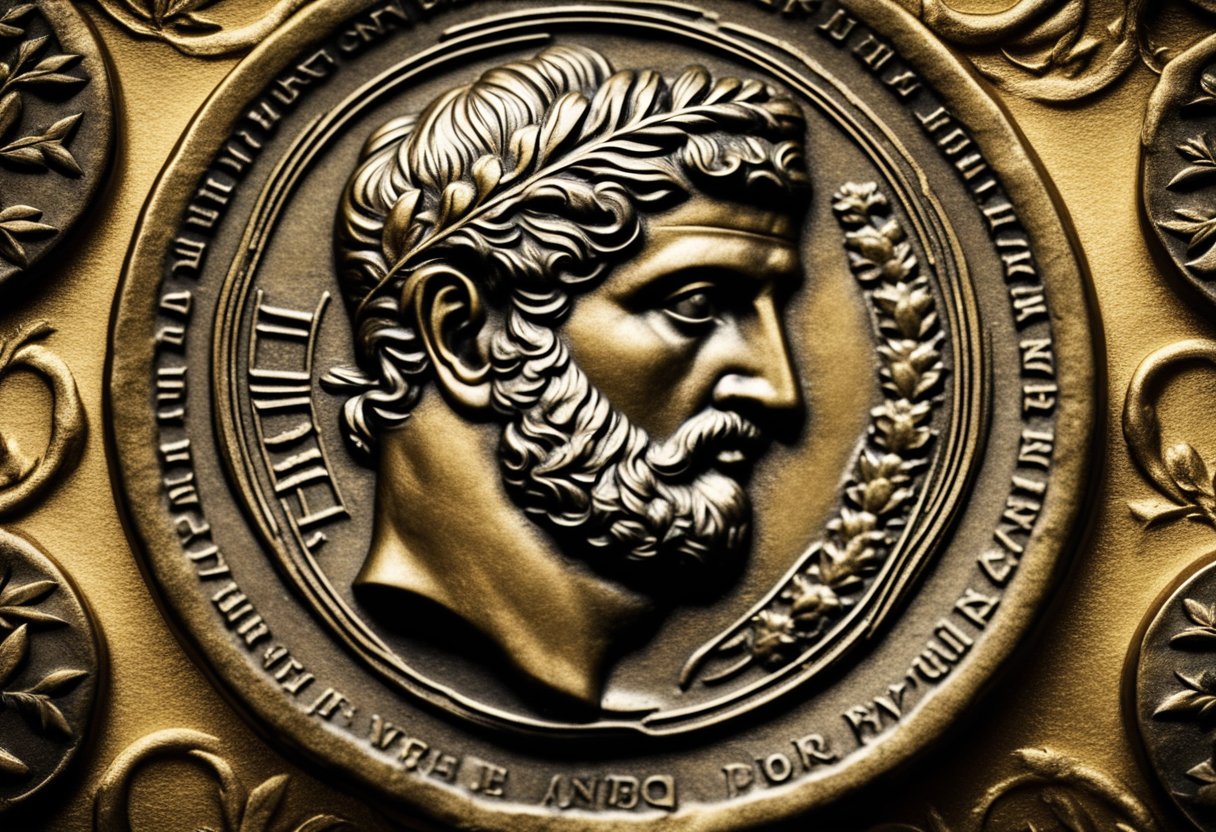 Uma grande moeda romana com o perfil do Imperador Adriano, cercada por folhas de louro e outros símbolos de fortuna e poder.