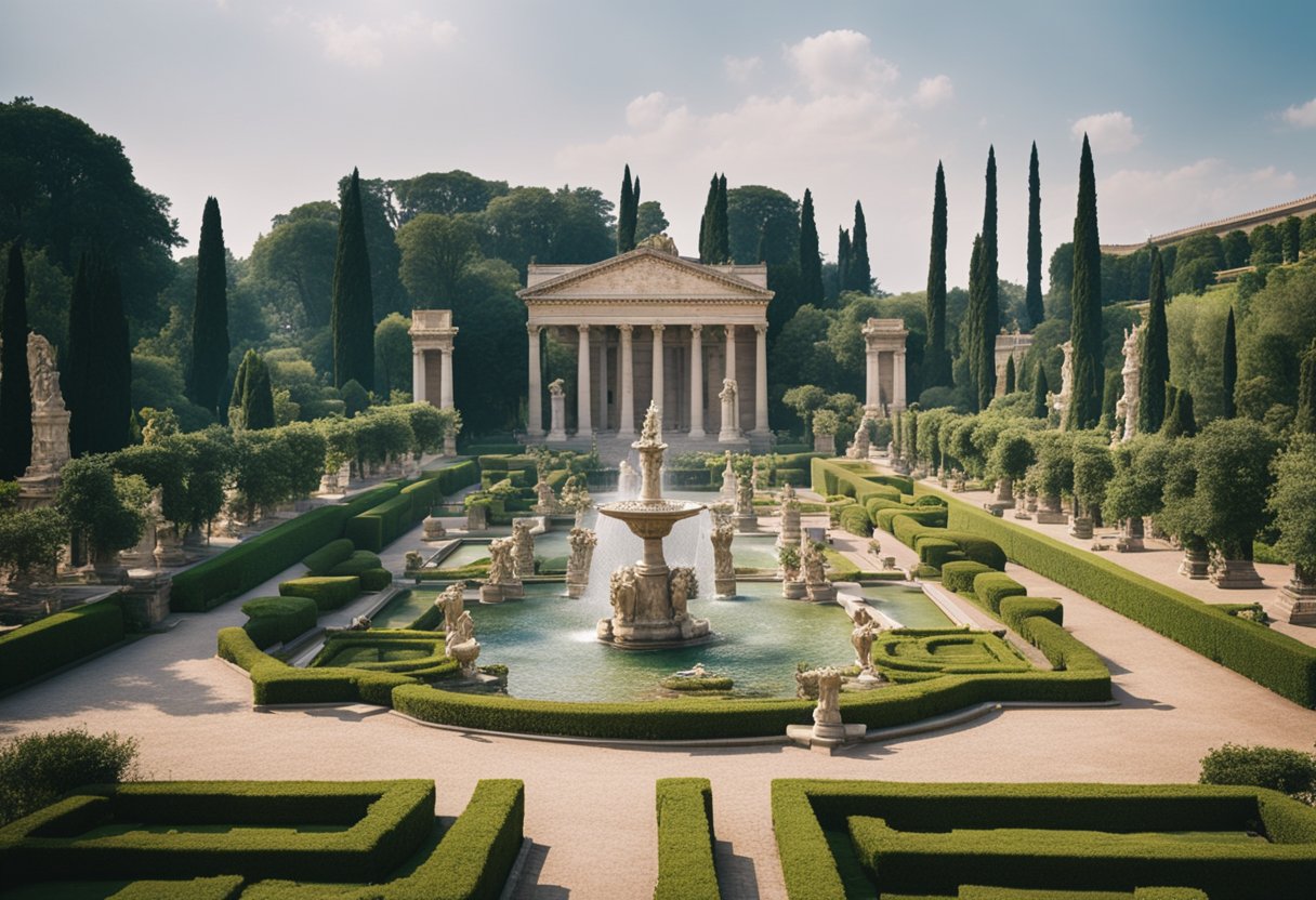 Um grandioso palácio romano com colunas imponentes e estátuas ornamentadas, rodeado por jardins exuberantes e fontes.