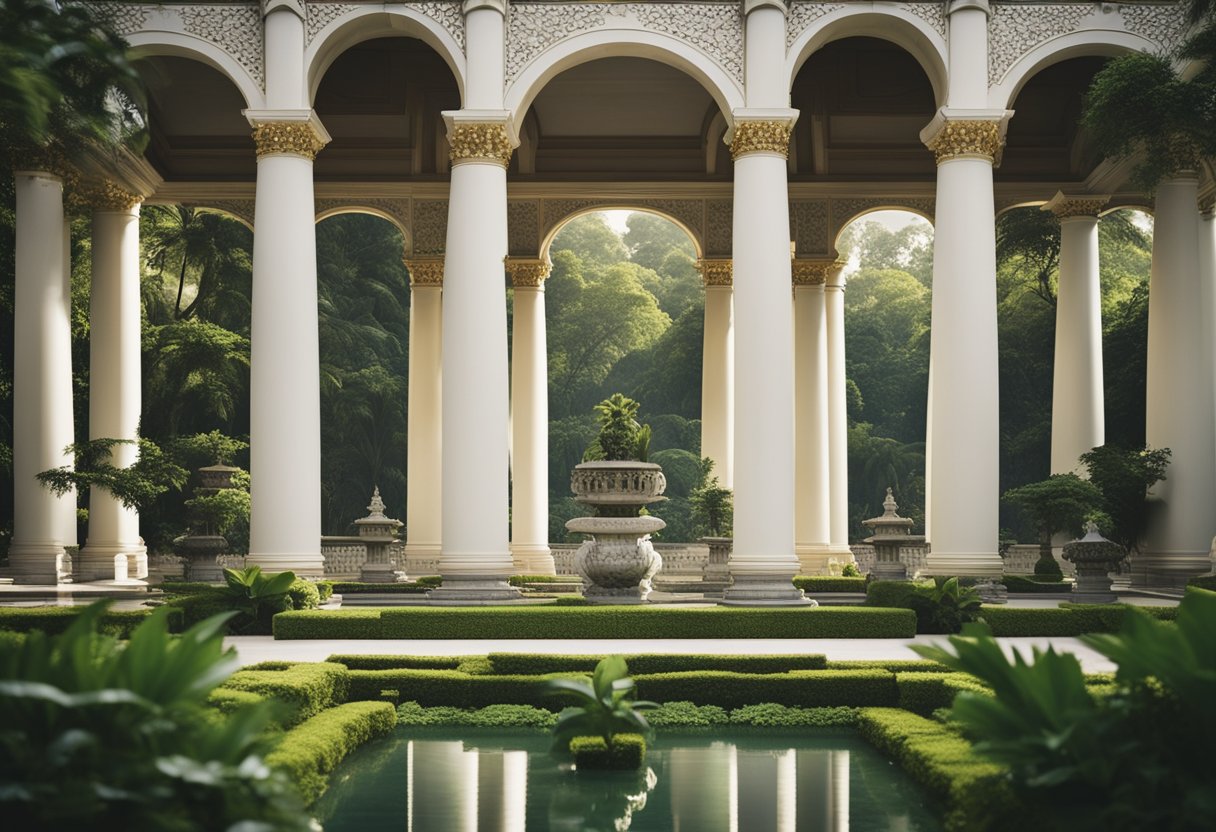 Um grandioso palácio imperial cercado por jardins exuberantes e colunas de mármore imponentes, com uma sensação de opulência e riqueza emanando da arquitetura elaborada.
