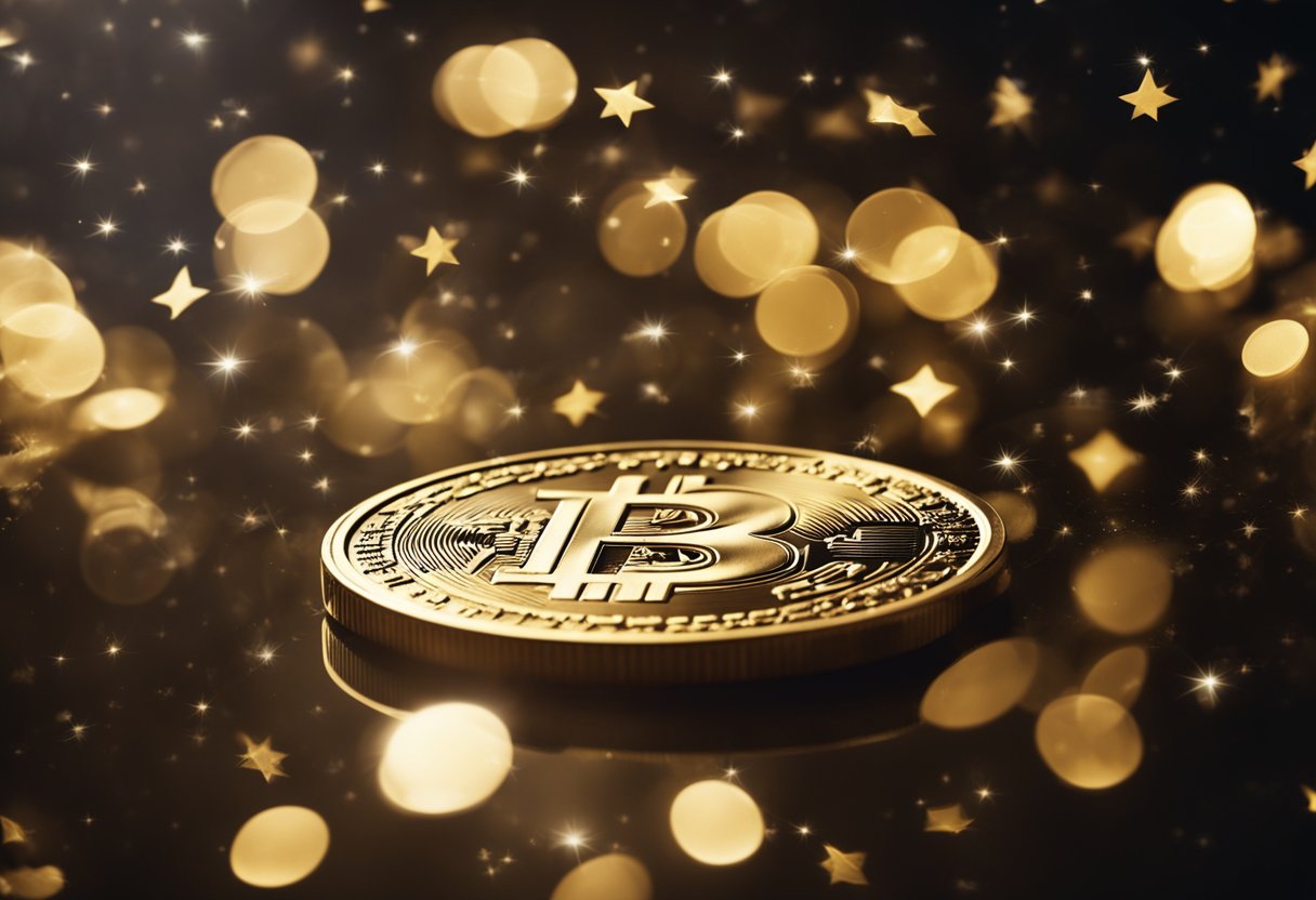 Uma moeda dourada girando no ar, cercada por estrelas cintilantes e um senso de mistério