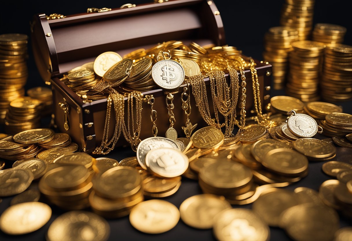 Uma pilha de moedas de ouro e montes de dinheiro transbordando de um baú do tesouro, cercados por joias brilhantes e itens luxuosos