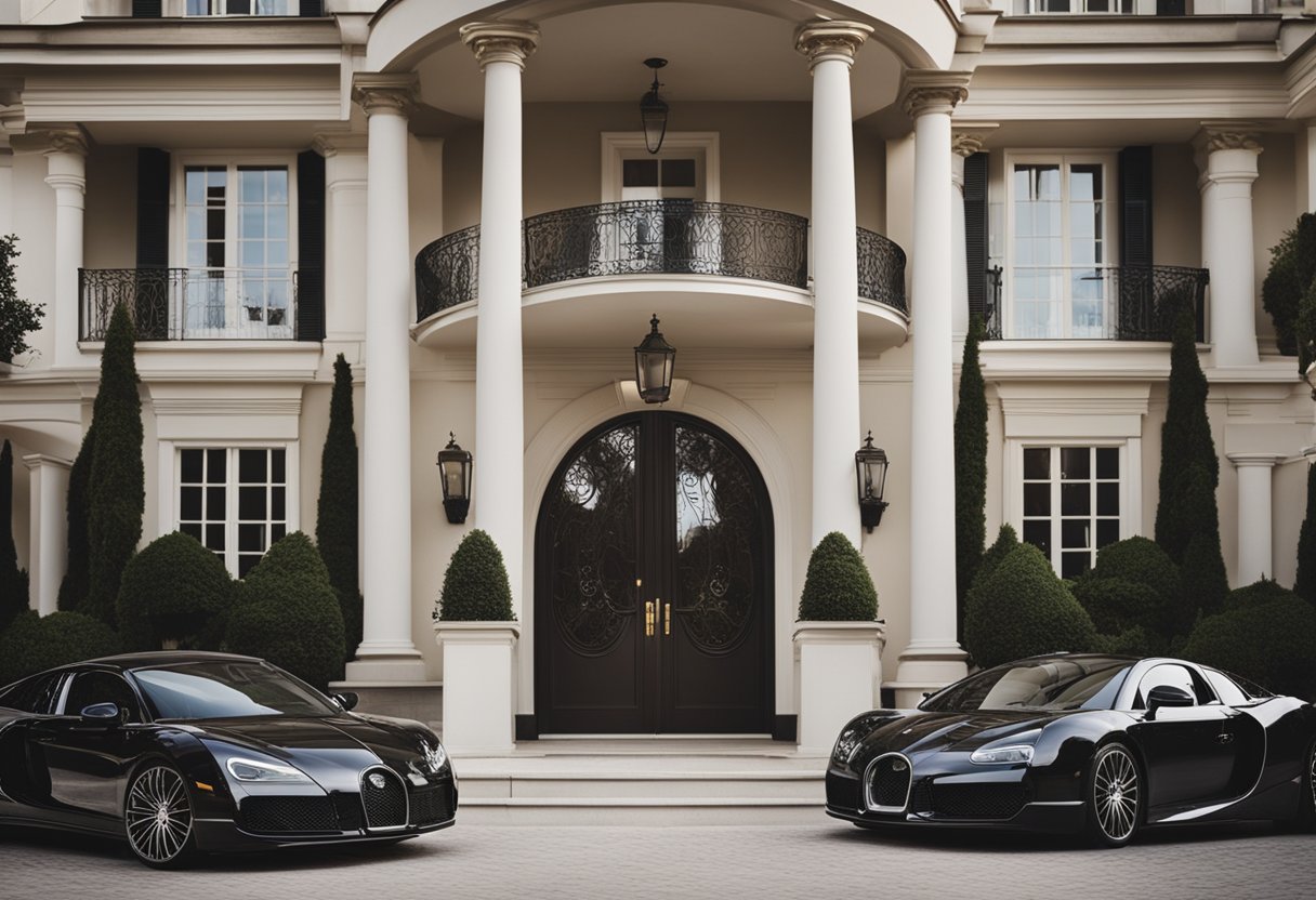 Uma mansão luxuosa com uma entrada grandiosa e carros de luxo estacionados do lado de fora