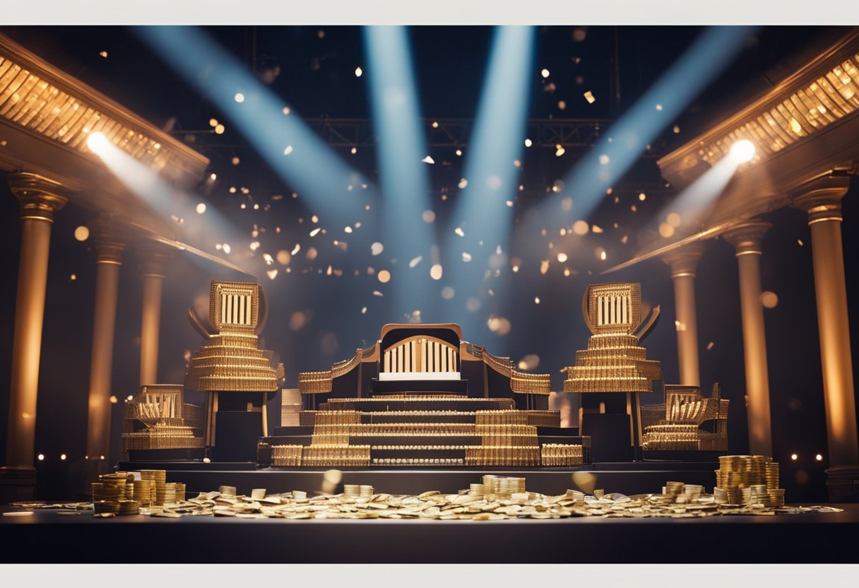 Um grande palco com instrumentos musicais e um holofote brilhando sobre uma pilha de dinheiro, simbolizando a fortuna de Gusttavo Lima na indústria da música.