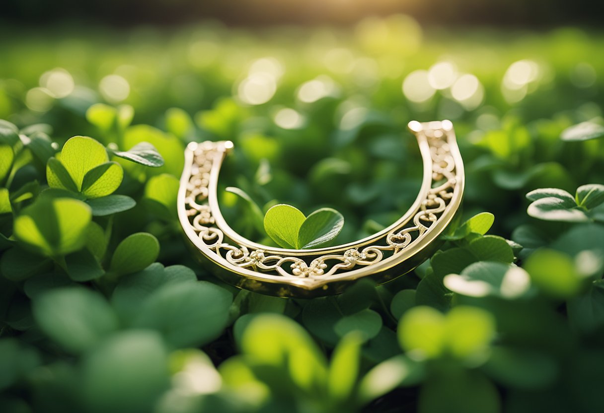Uma ferradura dourada pendurada acima de um leito de trevos