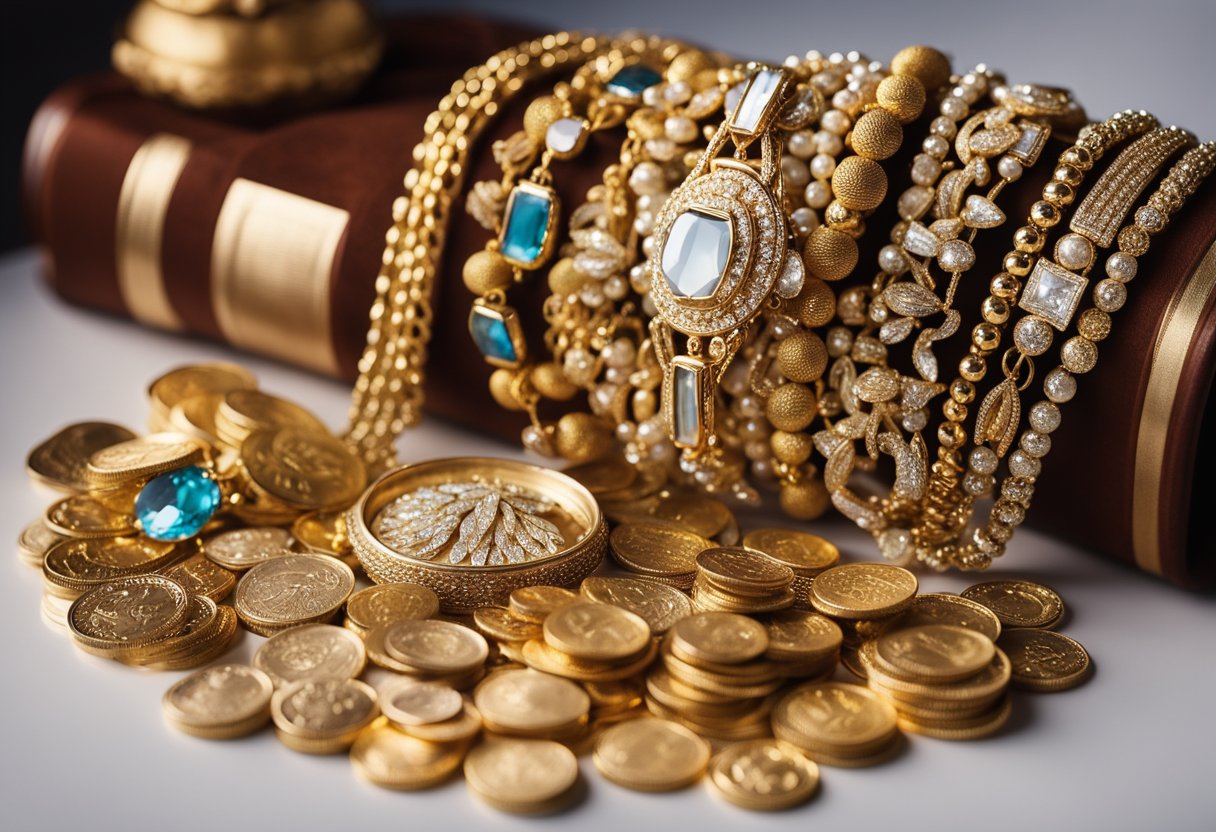 Uma exibição luxuosa de joias opulentas e moedas de ouro, cercada por tesouros cintilantes e riquezas reluzentes