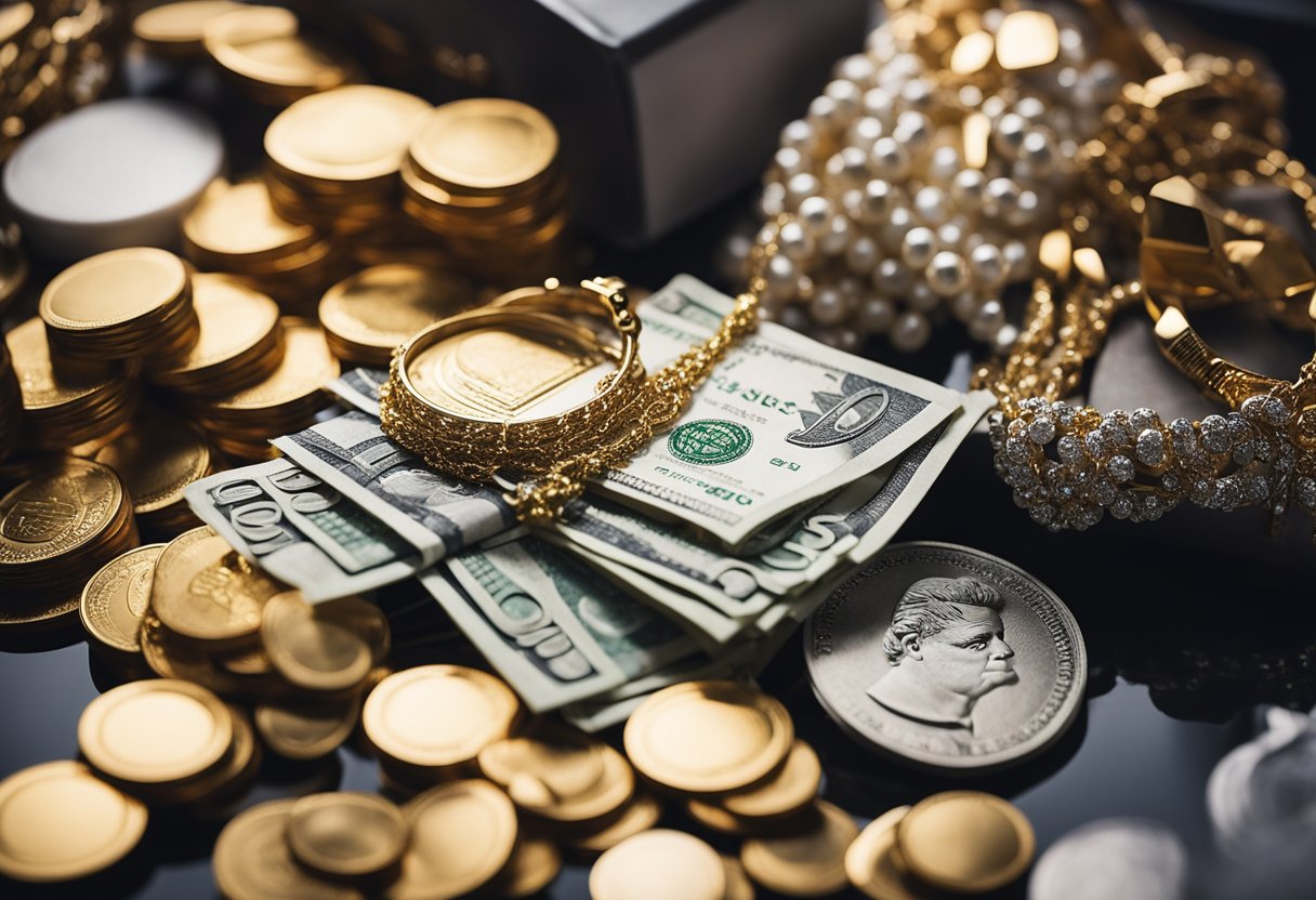 Uma pilha de dinheiro e itens de luxo, incluindo joias e roupas caras, simbolizando a riqueza e as fontes de renda de Juliette.