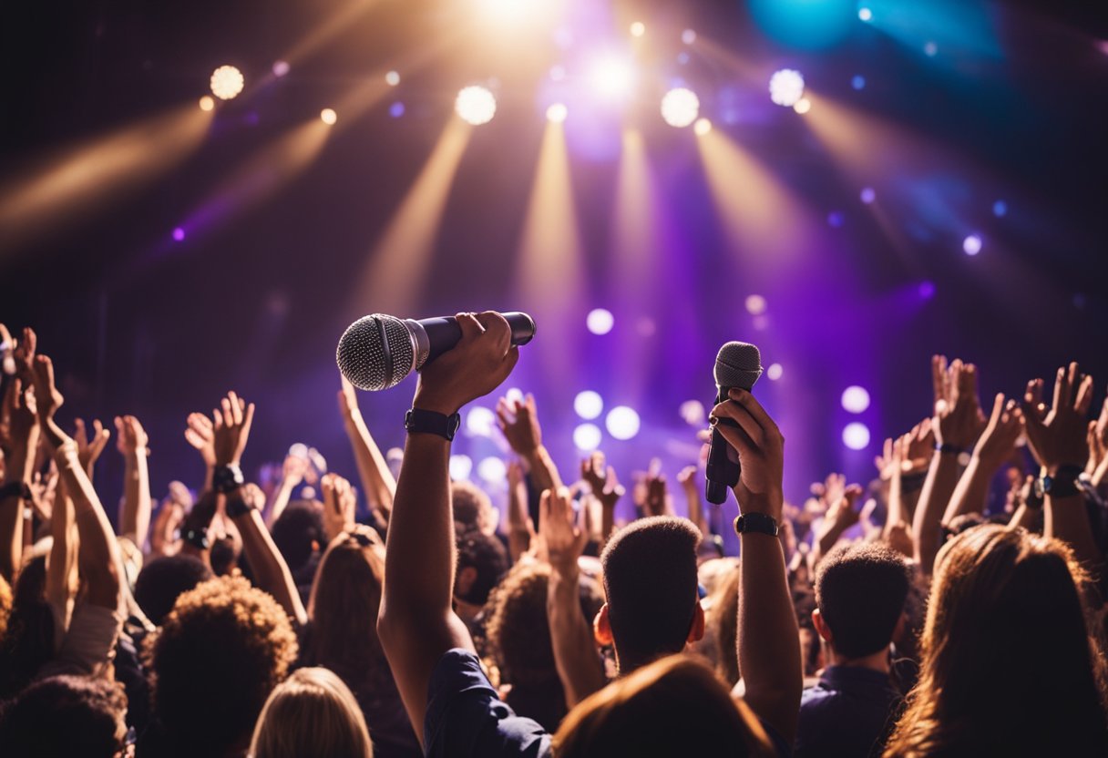 Um palco vibrante com holofotes brilhando sobre instrumentos musicais e um microfone, cercado por fãs entusiasmados acenando com as mãos no ar