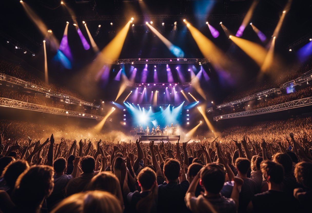 Um grande palco com holofotes coloridos brilhando sobre instrumentos musicais e microfones, cercado por fãs animados acenando com as mãos no ar.