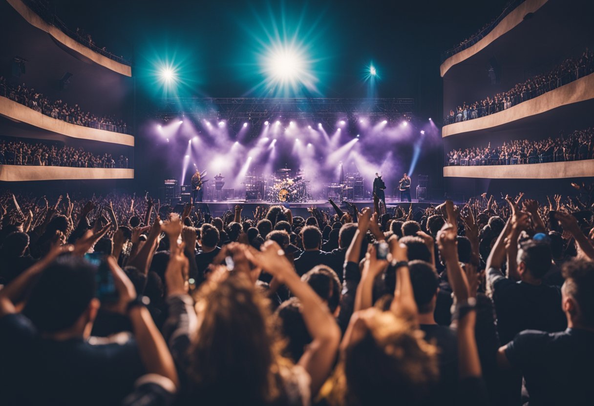 Um palco vibrante com instrumentos musicais e uma multidão de fãs aplaudindo em um concerto do álbum "Análise da Fortuna" de Maiara e Maraisa