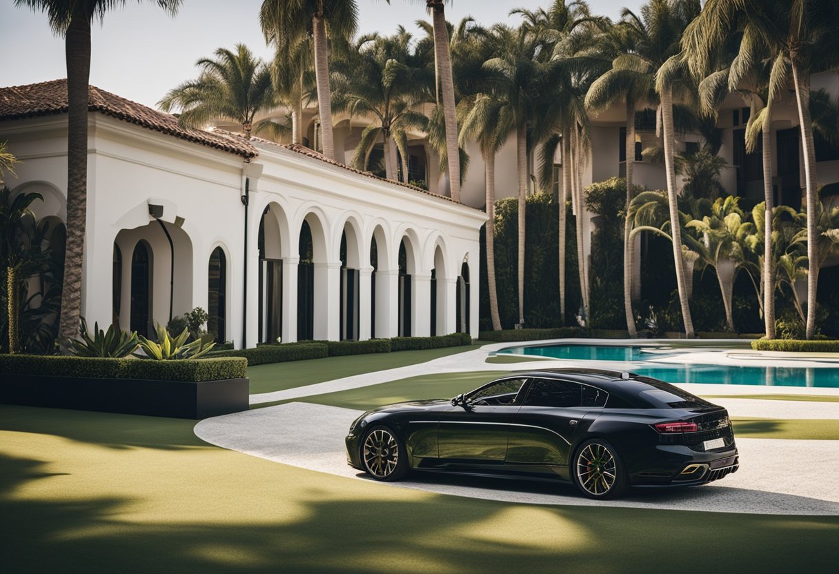 A fortuna de Neymar Jr.: uma mansão luxuosa com uma piscina ampla, carros de luxo e um campo de futebol privado cercado por palmeiras