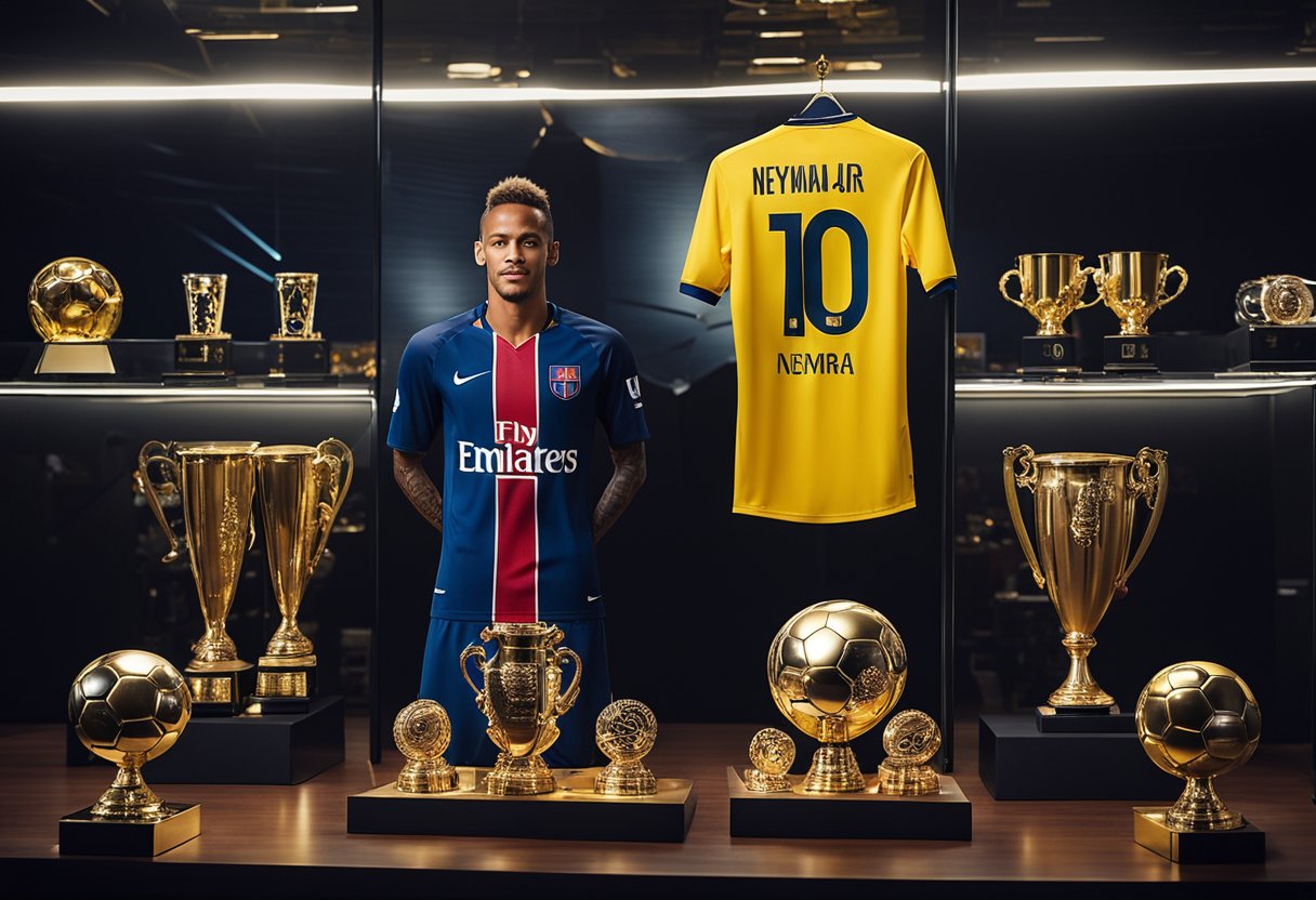 A jornada profissional de Neymar Jr. retratada através de uma série de camisas de futebol icônicas e troféus, cercada por símbolos de riqueza e sucesso.