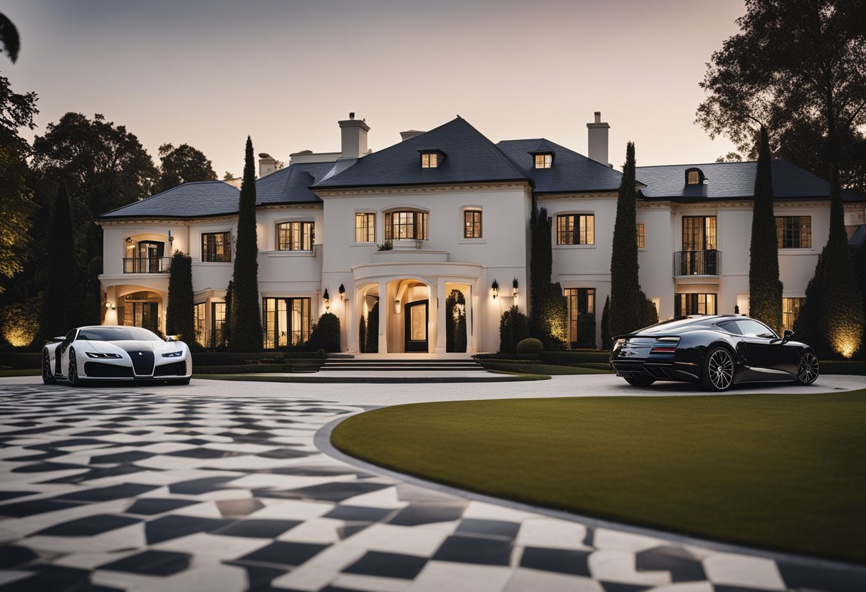 Uma mansão luxuosa com um campo de futebol privado, carros caros e um jato particular estacionado nas proximidades