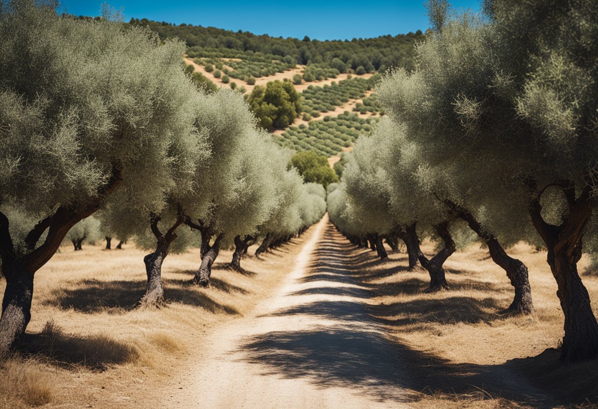 Um exuberante olival com colinas onduladas e um céu azul claro