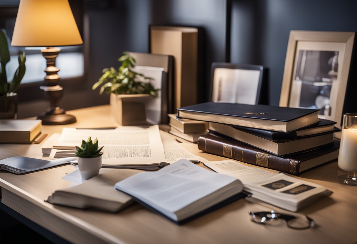 Uma mesa bagunçada com papéis espalhados e um laptop, cercada por livros e prêmios. Um diploma emoldurado está pendurado na parede acima.