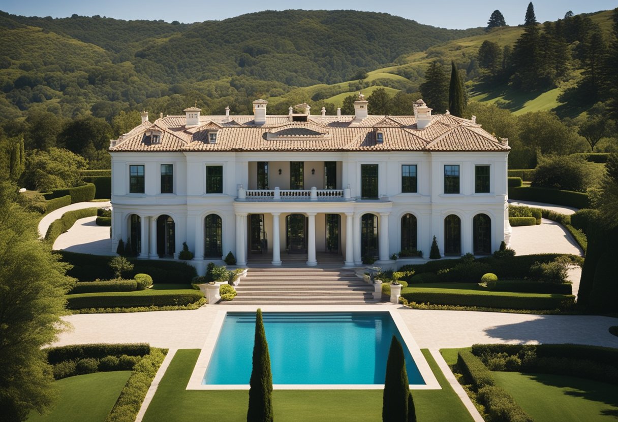 Uma grande propriedade com uma mansão expansiva, jardins luxuriantes e uma piscina reluzente, cercada por colinas ondulantes e um céu azul claro.