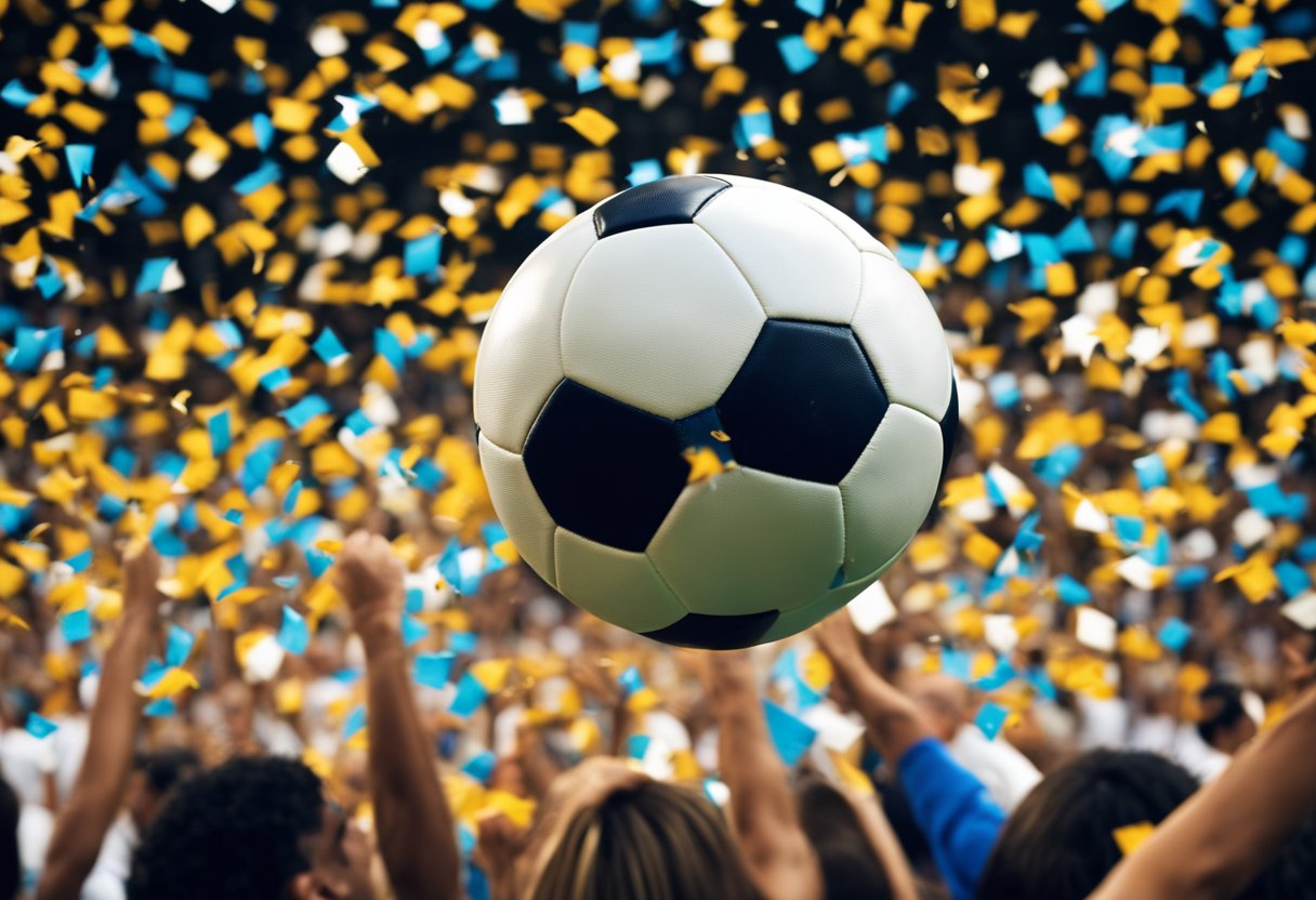 Uma bola de futebol voando para a rede, cercada por torcedores vibrando e confetes, simbolizando a fortuna de Ronaldinho