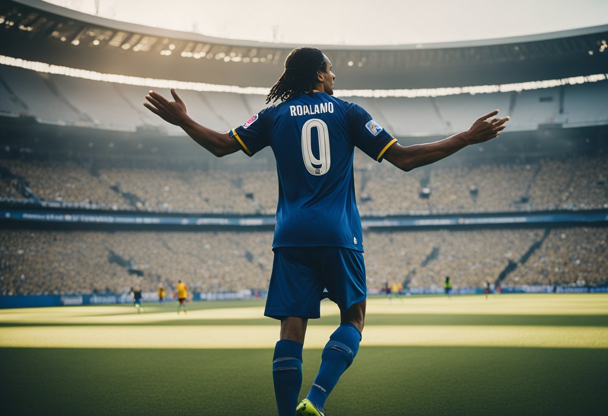 A jornada profissional de Ronaldinho retratada através de uma série de estádios de futebol icônicos, troféus e um rastro de sucesso