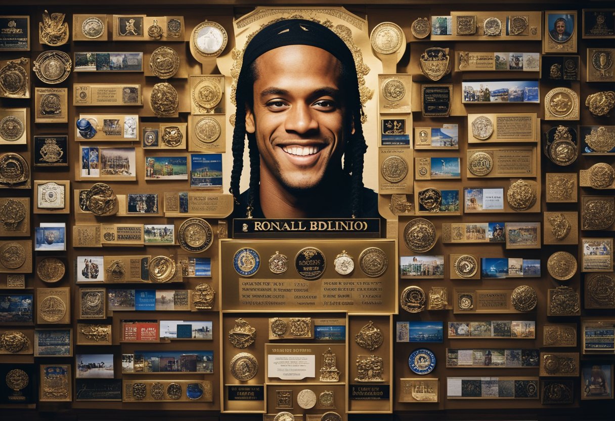 Uma exibição das conquistas e títulos de Ronaldinho, cercada por símbolos de riqueza e sucesso