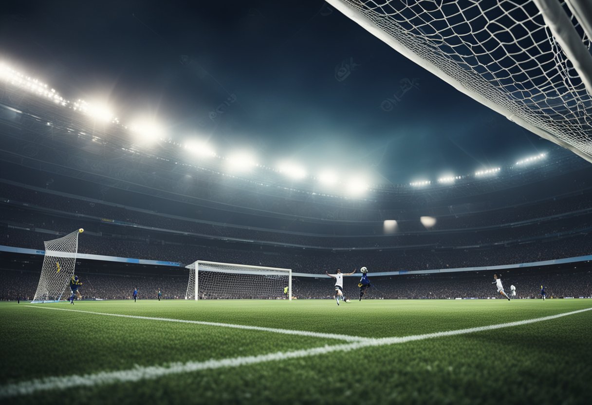 Uma bola de futebol voando pelo ar, com a rede ao fundo e a torcida do estádio torcendo