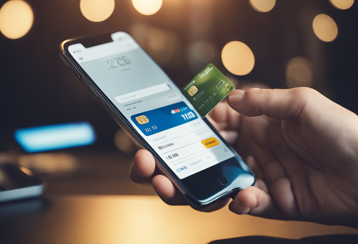 Uma mão alcançando um cartão de crédito ao lado de um smartphone exibindo um saldo