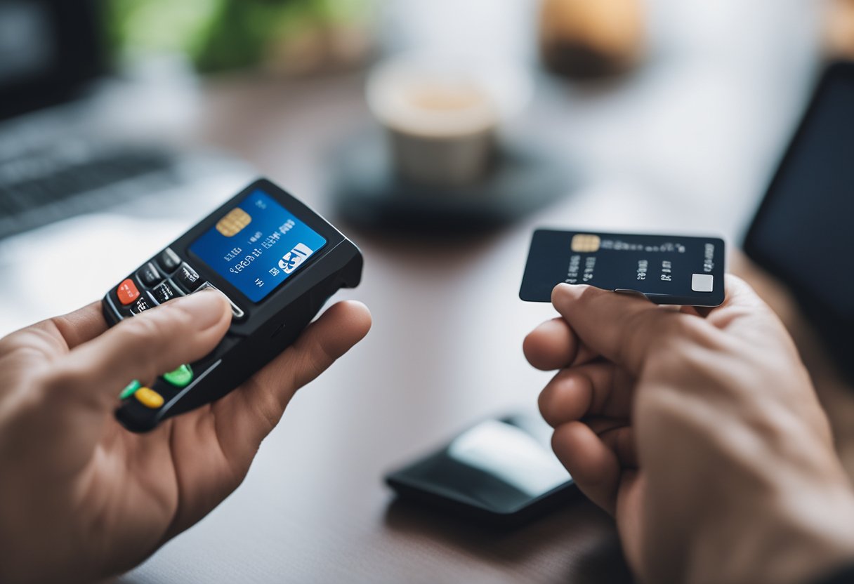 Uma mão segurando um cartão de crédito e usando um smartphone para verificar o saldo