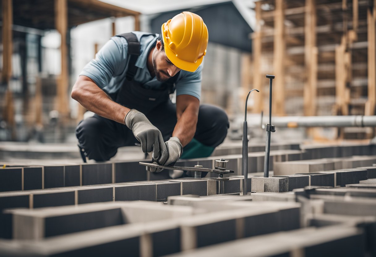 Um trabalhador da construção civil construindo uma parede ao redor de um logo do Nubank