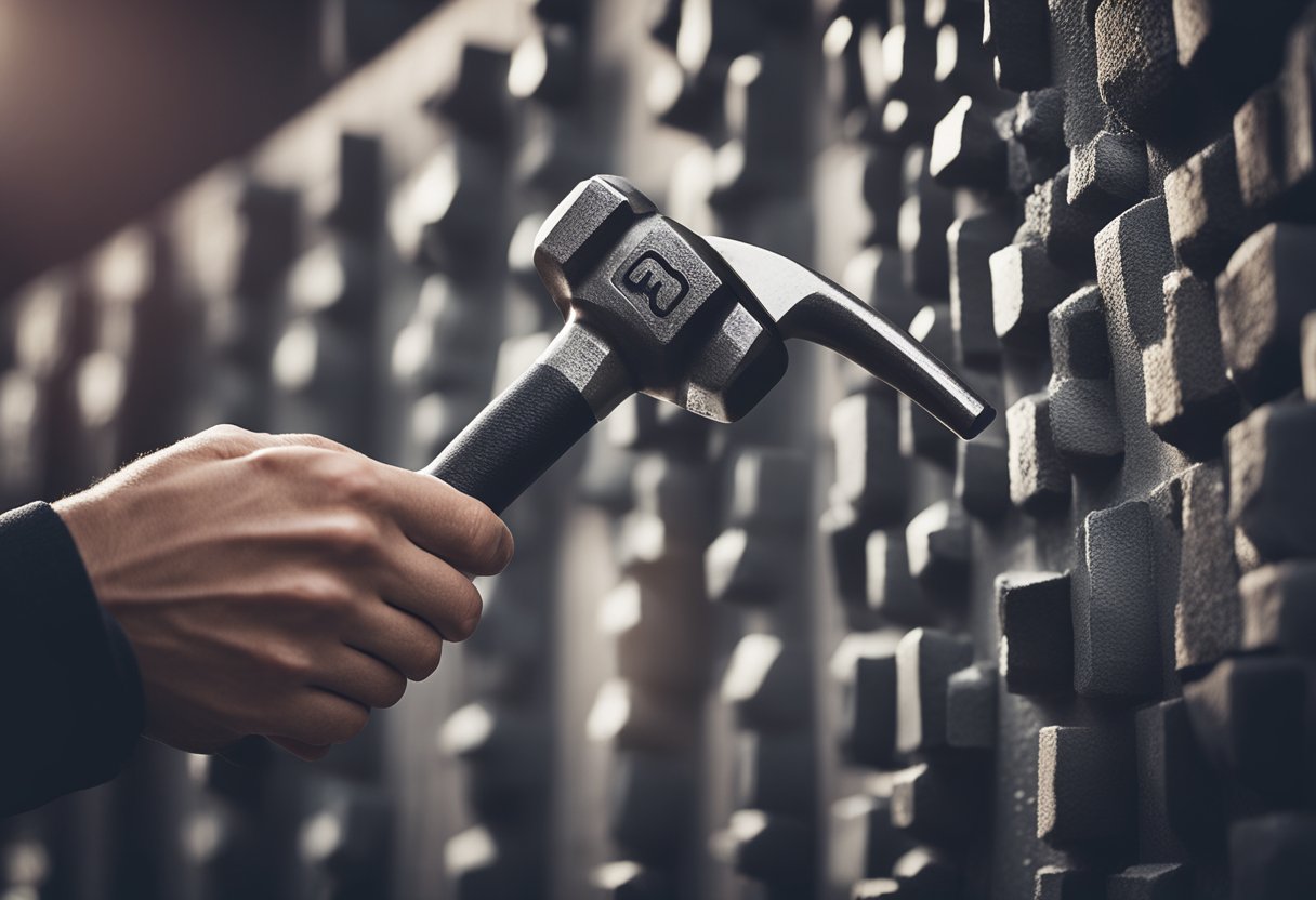 Uma mão segurando um martelo, construindo uma parede com o logo do Nubank nela