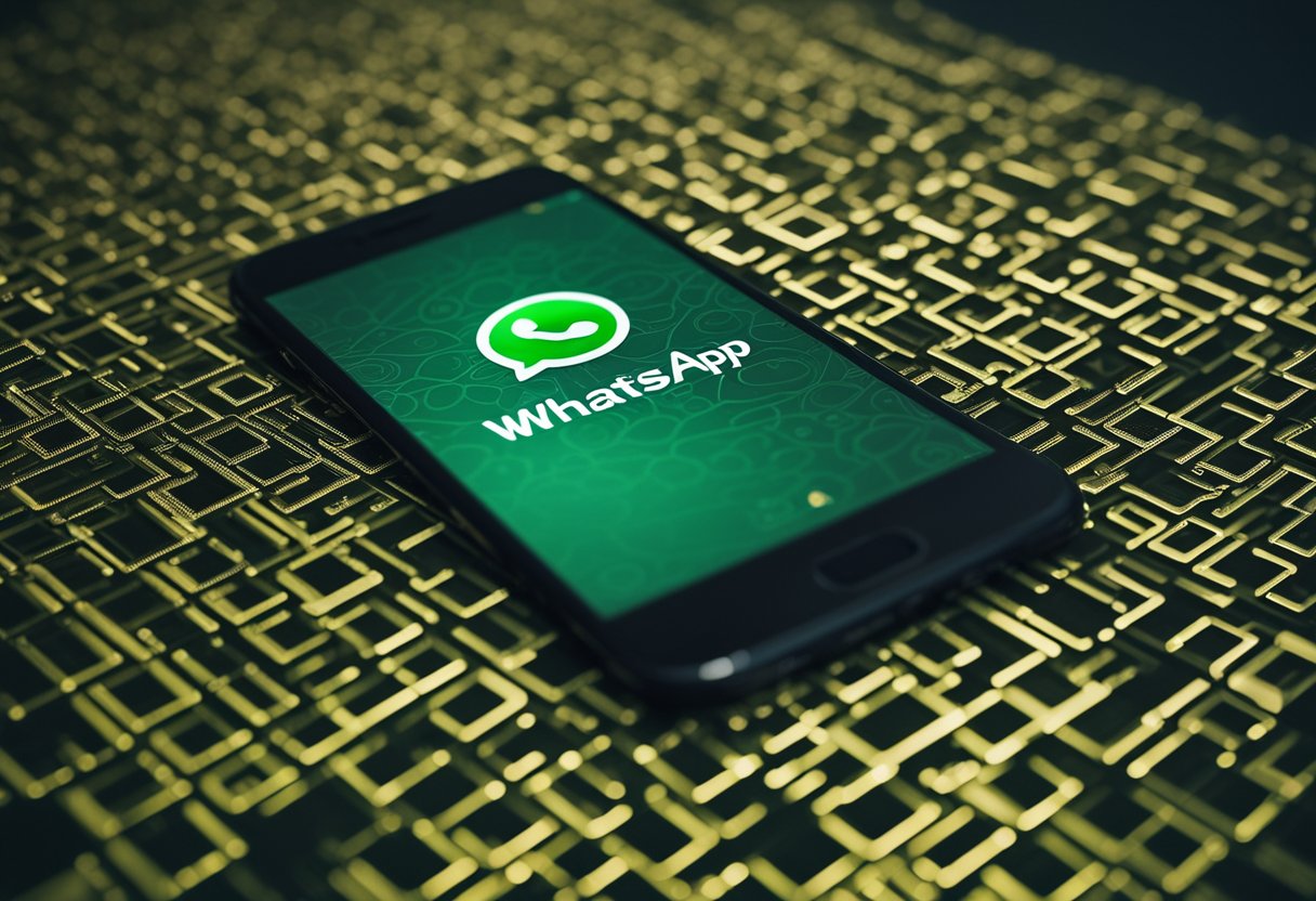 Uma tela de smartphone exibindo o aplicativo WhatsApp com uma conversa oculta, cercada por outras threads de chat visíveis.