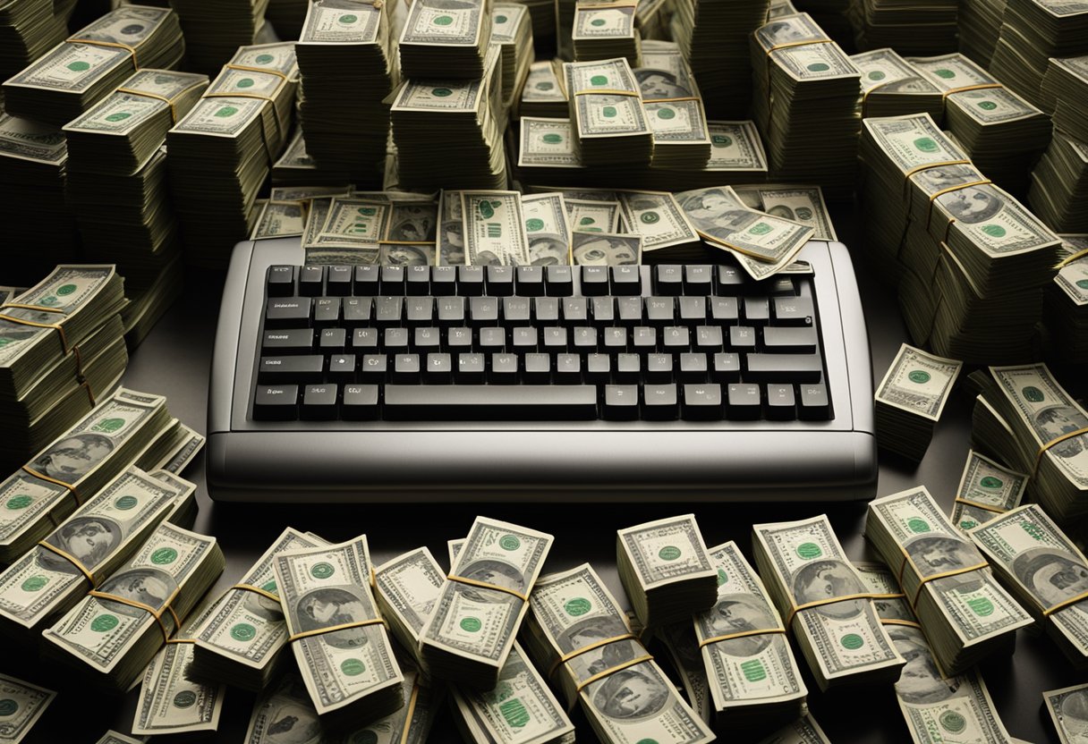 Um teclado de computador cercado por pilhas de dinheiro