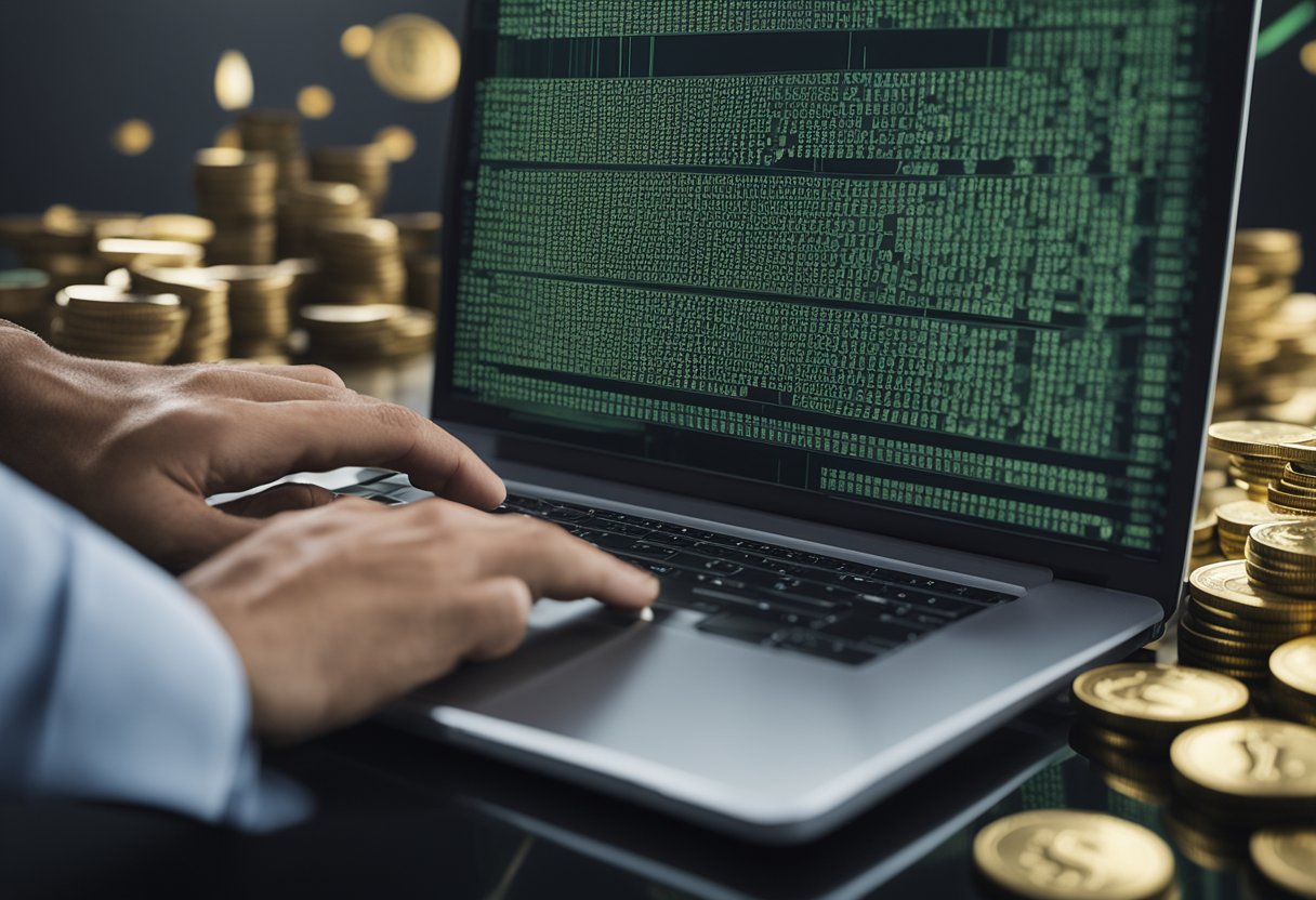 Uma pessoa digitando em um laptop com uma pilha de dinheiro e um símbolo de moeda digital ao fundo
