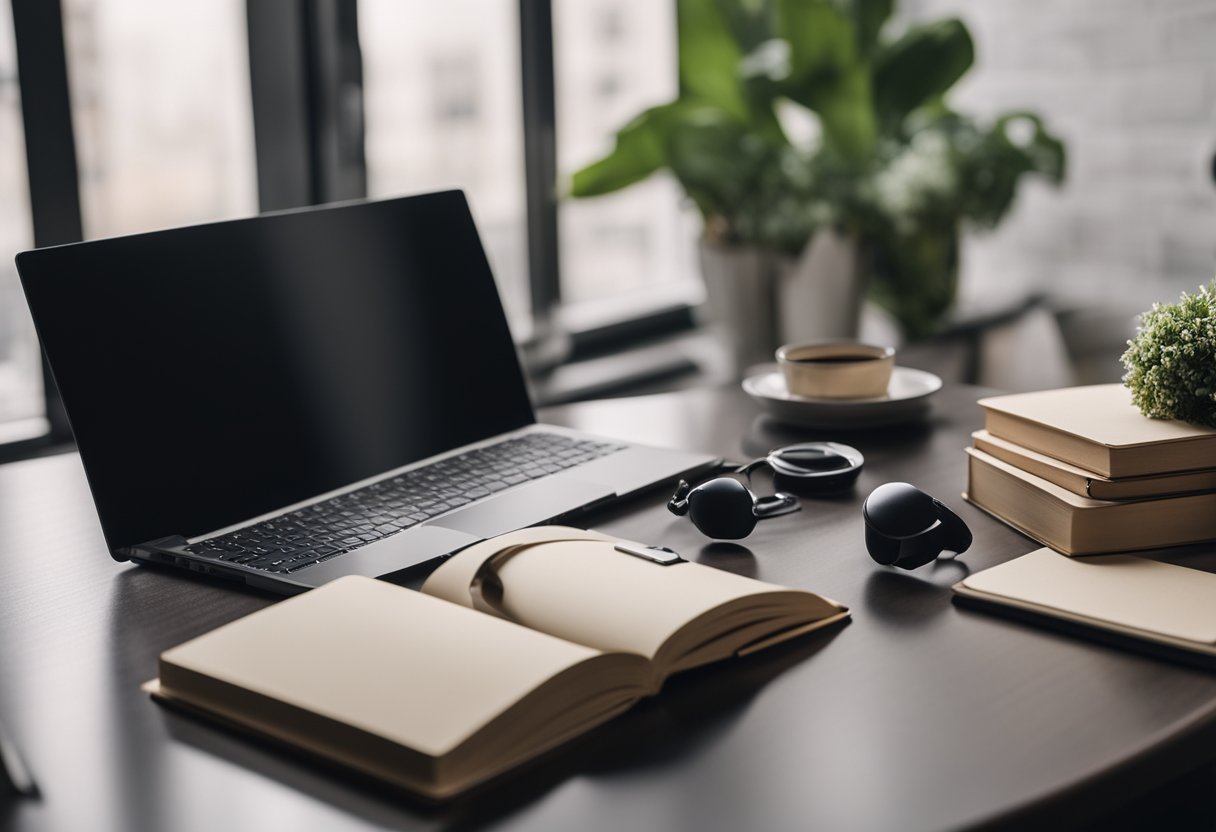 Um laptop aberto em uma mesa com uma pilha de livros, um bloco de notas e uma caneta. A mão de uma pessoa está digitando no teclado.