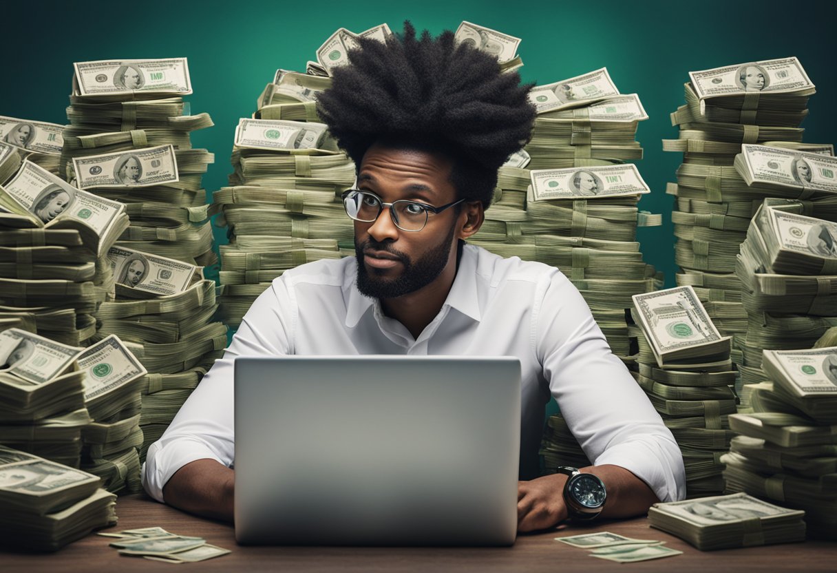 Uma pessoa sentada em um computador, cercada por pilhas de dinheiro, com um logotipo do Google na tela e um ponto de interrogação acima da cabeça.