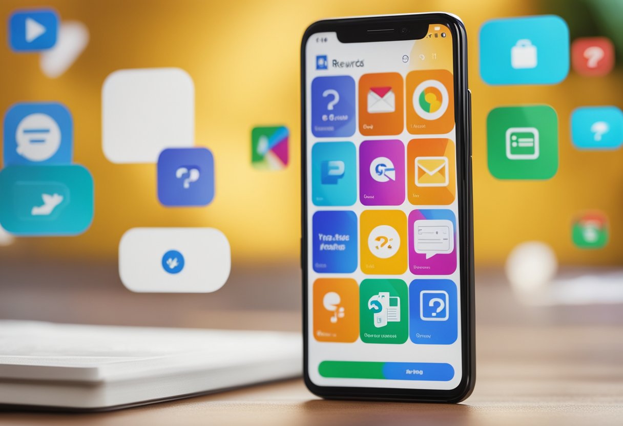 Um smartphone exibindo o aplicativo Google Rewards com uma série de perguntas na tela, cercado por ícones coloridos e um fundo vibrante.