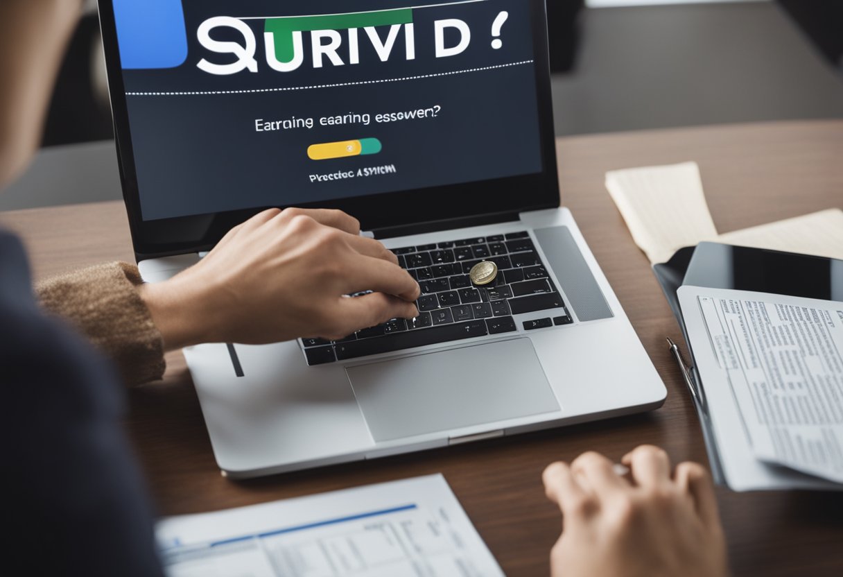 Uma pessoa usando um laptop para responder a pesquisas do Google, com dinheiro e um símbolo de interrogação simbolizando ganhar dinheiro ao responder perguntas.