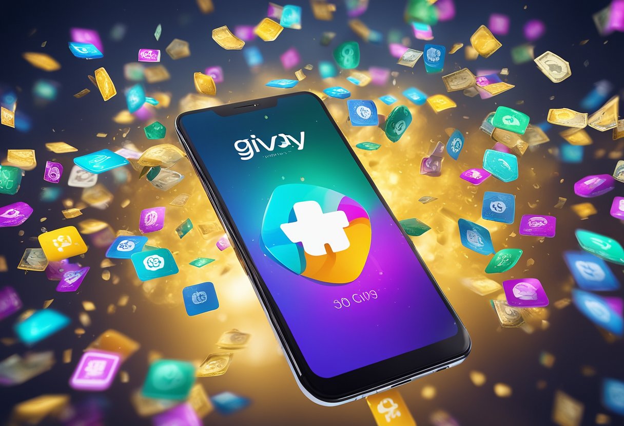 Um smartphone colorido exibindo o aplicativo Givvy com dinheiro virtual caindo ao seu redor