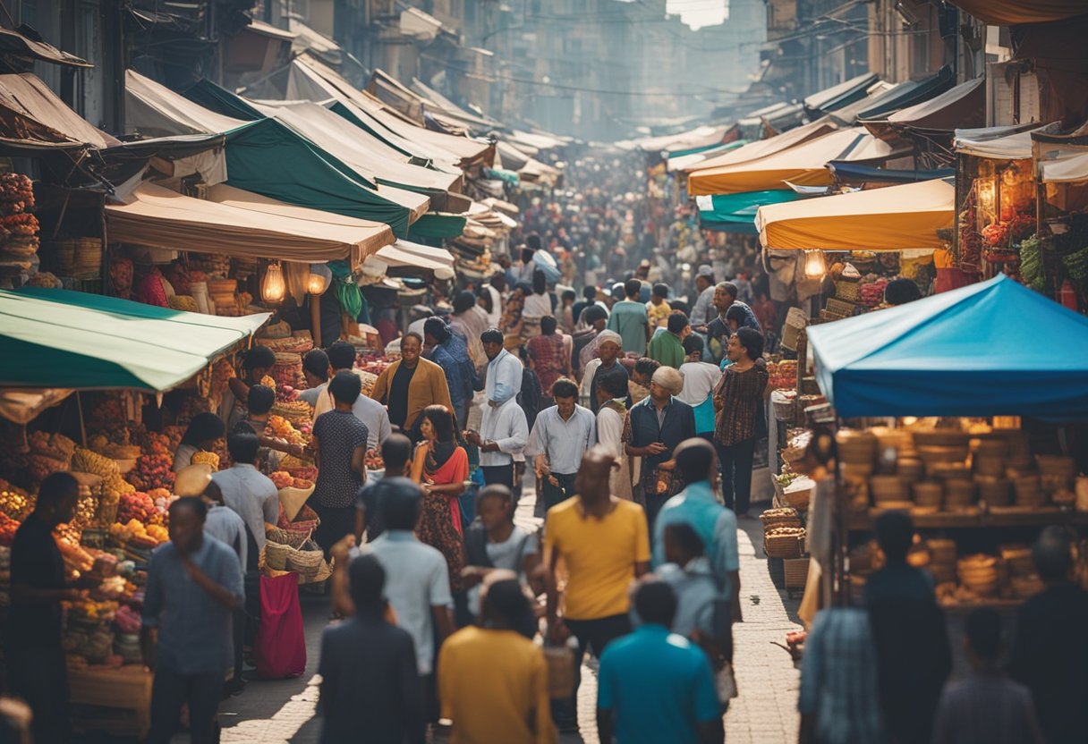Um mercado vibrante e movimentado, com pessoas trocando bens e dinheiro. Cores brilhantes e uma atividade energética transmitem o conceito de maximizar ganhos com o givvy.