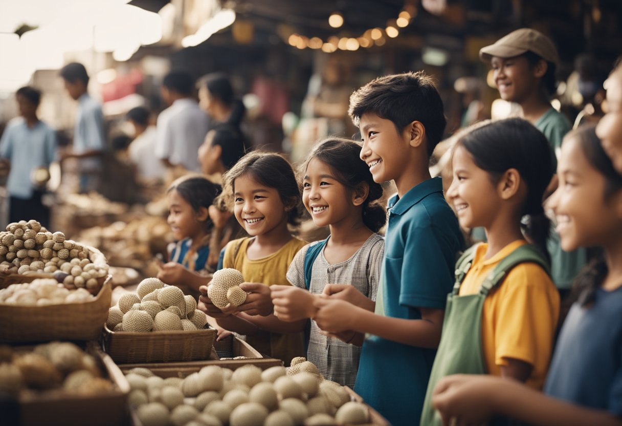 Um grupo de crianças vendendo artesanatos caseiros em um mercado movimentado, contando seus ganhos com grandes sorrisos no rosto.